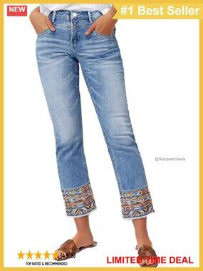 Straight Leg Cropped Jeans Tribal Embroidery Raw Hem Stretch Denim